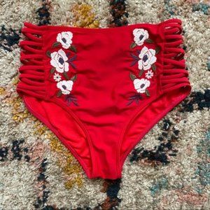 Hollister Red Floral Side Cutout High Waisted Swim Bottoms  Size XS